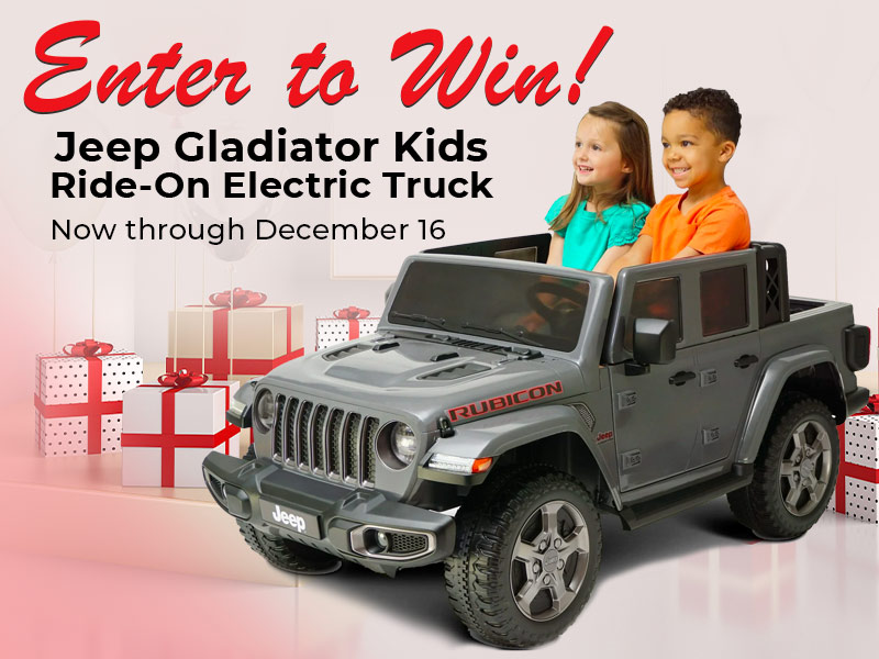 A flyer showing a contest for kids to ride a toy Jeep Gladiator